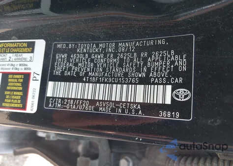 2012 Toyota Camry Se from USA, damaged, VIN 4T1BF1FK9CU153765
